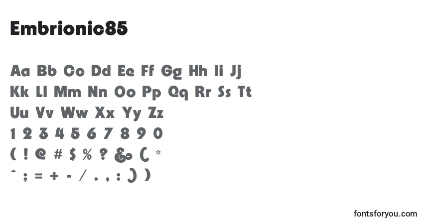 Schriftart Embrionic85 – Alphabet, Zahlen, spezielle Symbole
