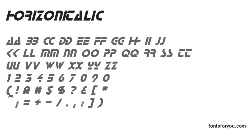 A fonte HorizonItalic – alfabeto, números, caracteres especiais