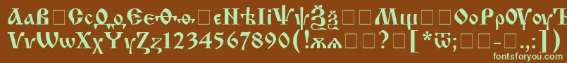 フォントIzhitsac – 緑色の文字が茶色の背景にあります。