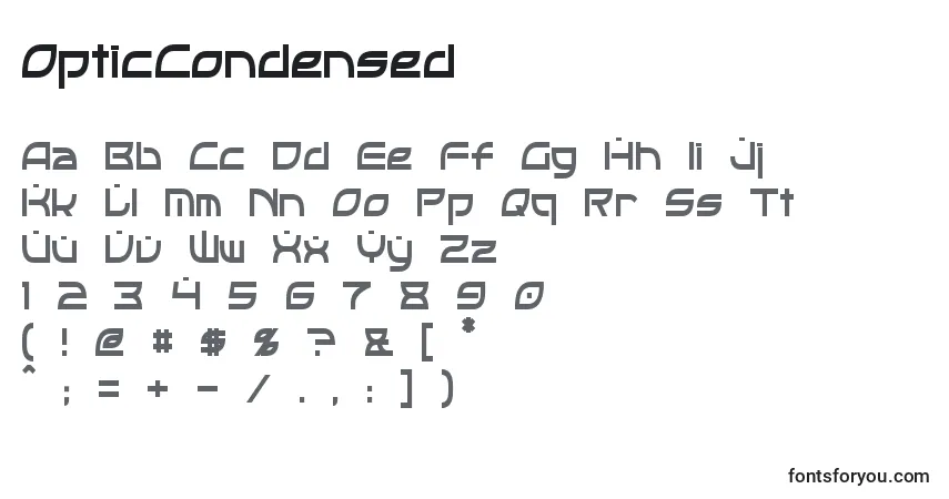 A fonte OpticCondensed – alfabeto, números, caracteres especiais