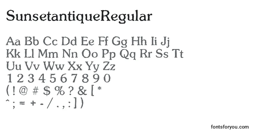 SunsetantiqueRegular-fontti – aakkoset, numerot, erikoismerkit