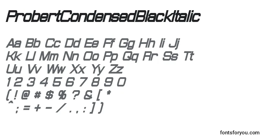 Schriftart ProbertCondensedBlackItalic – Alphabet, Zahlen, spezielle Symbole