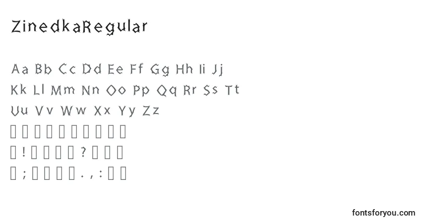 A fonte ZinedkaRegular – alfabeto, números, caracteres especiais