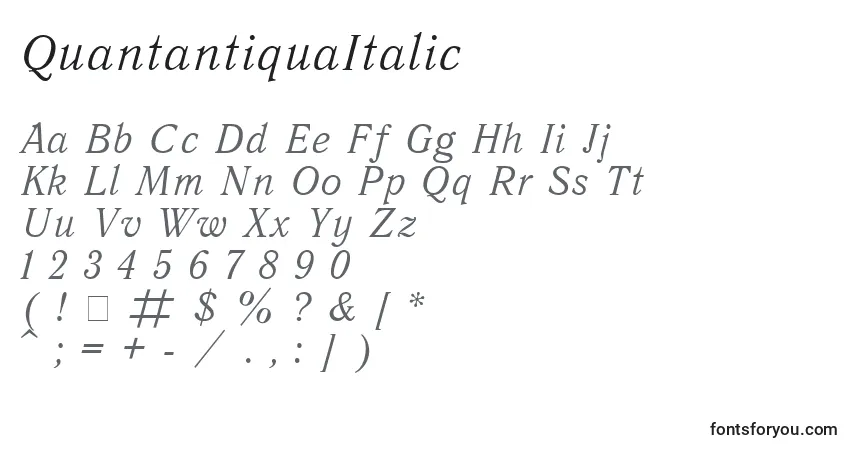Czcionka QuantantiquaItalic – alfabet, cyfry, specjalne znaki