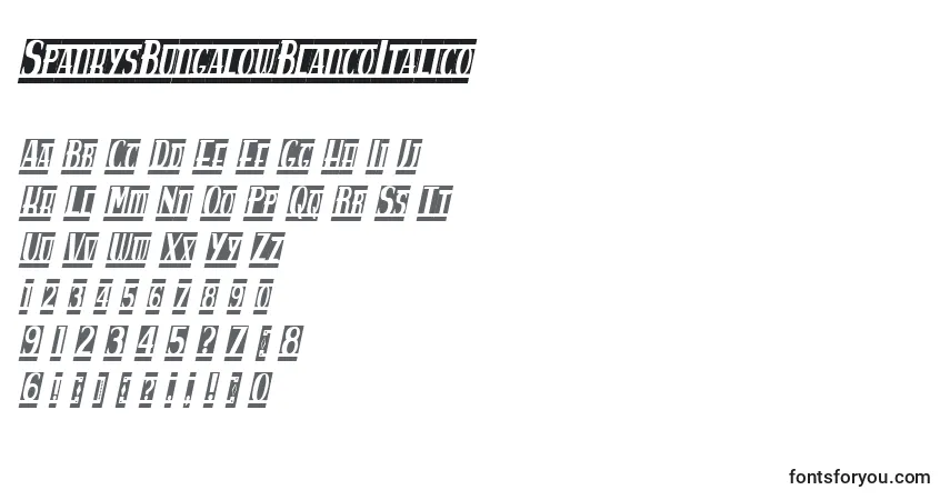 Шрифт SpankysBungalowBlancoItalico – алфавит, цифры, специальные символы