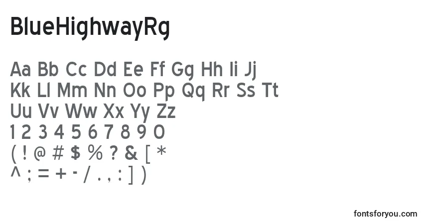 Czcionka BlueHighwayRg – alfabet, cyfry, specjalne znaki