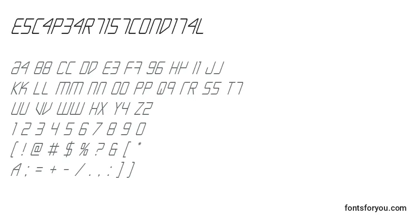 Czcionka Escapeartistcondital – alfabet, cyfry, specjalne znaki