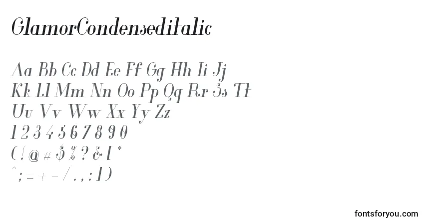 Шрифт GlamorCondenseditalic (32278) – алфавит, цифры, специальные символы