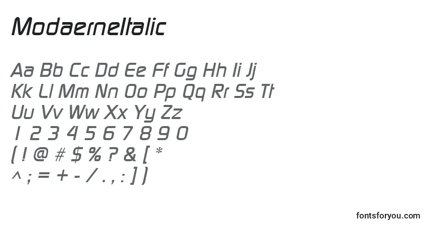 A fonte ModaerneItalic – alfabeto, números, caracteres especiais