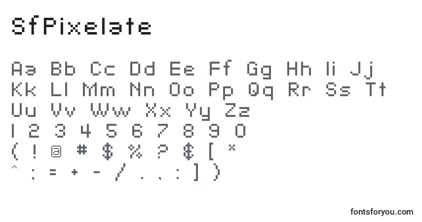 Czcionka SfPixelate – alfabet, cyfry, specjalne znaki