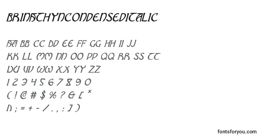Шрифт BrinAthynCondensedItalic – алфавит, цифры, специальные символы