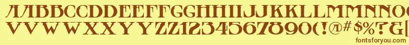 フォントStowawayMf – 茶色の文字が黄色の背景にあります。