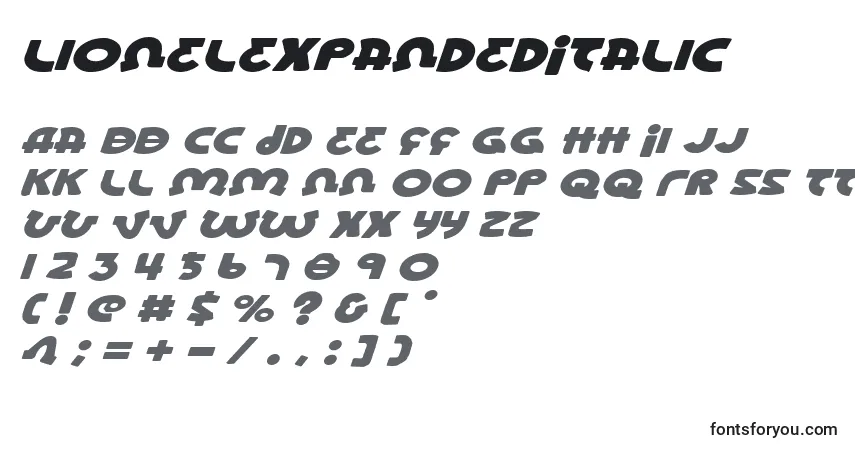 Schriftart LionelExpandedItalic – Alphabet, Zahlen, spezielle Symbole