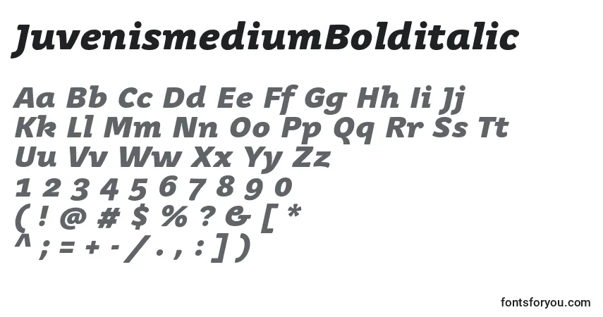 A fonte JuvenismediumBolditalic – alfabeto, números, caracteres especiais