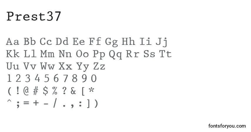 A fonte Prest37 – alfabeto, números, caracteres especiais
