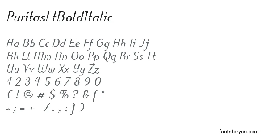 Czcionka PuritasLtBoldItalic – alfabet, cyfry, specjalne znaki