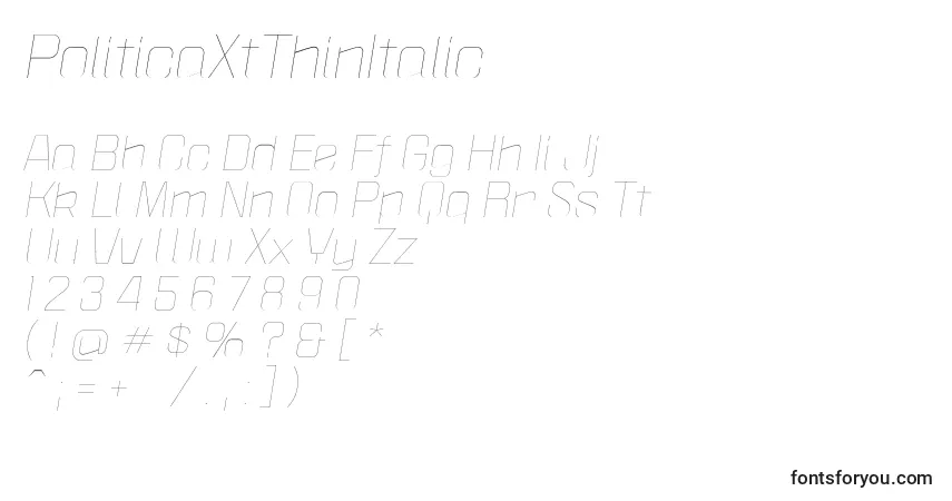 A fonte PoliticaXtThinItalic – alfabeto, números, caracteres especiais