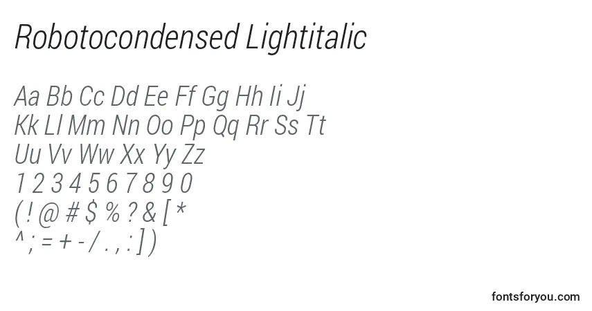 A fonte Robotocondensed Lightitalic – alfabeto, números, caracteres especiais
