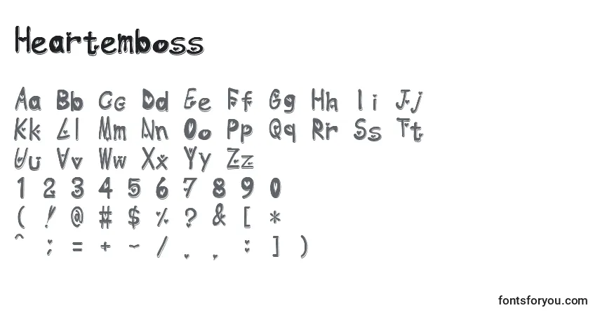 Schriftart Heartemboss – Alphabet, Zahlen, spezielle Symbole