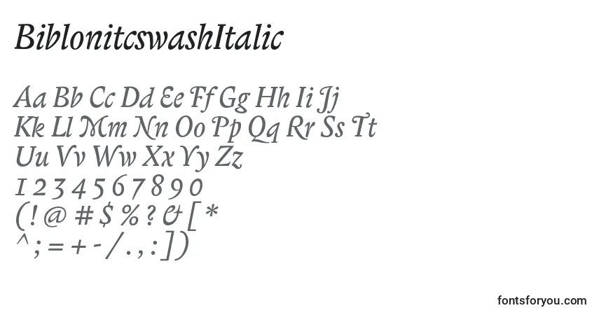 Czcionka BiblonitcswashItalic – alfabet, cyfry, specjalne znaki