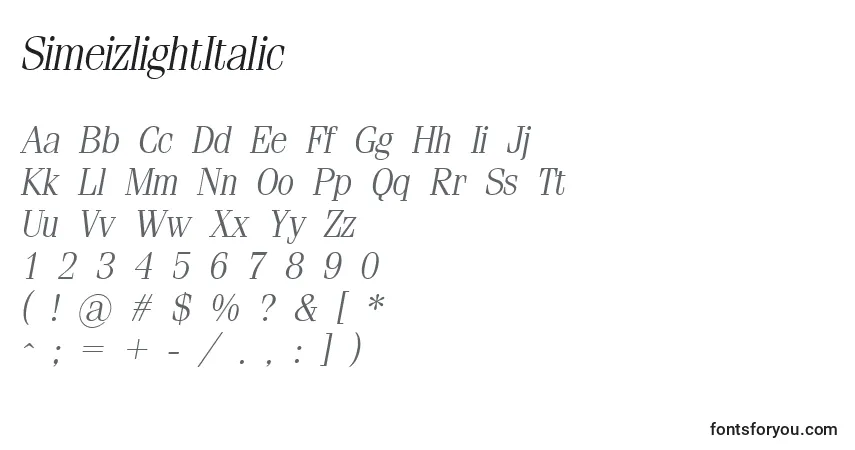 Шрифт SimeizlightItalic – алфавит, цифры, специальные символы