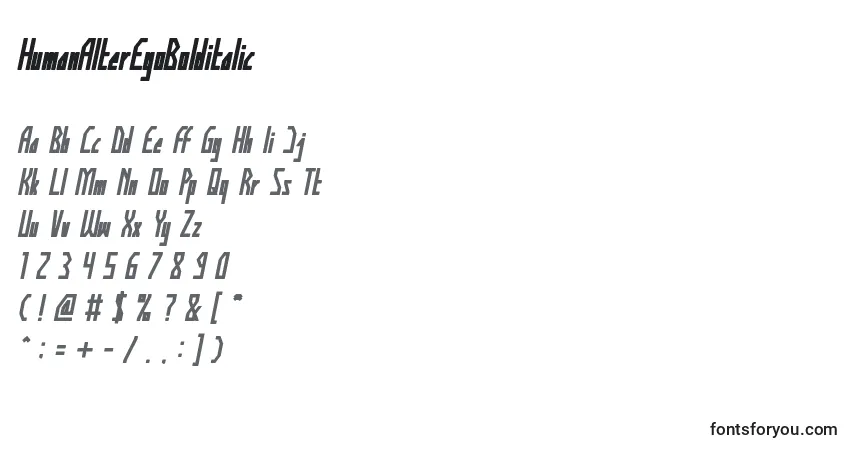 Schriftart HumanAlterEgoBolditalic – Alphabet, Zahlen, spezielle Symbole