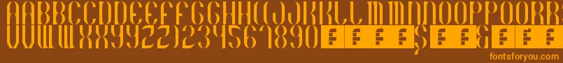 フォントBasico1983 – オレンジ色の文字が茶色の背景にあります。