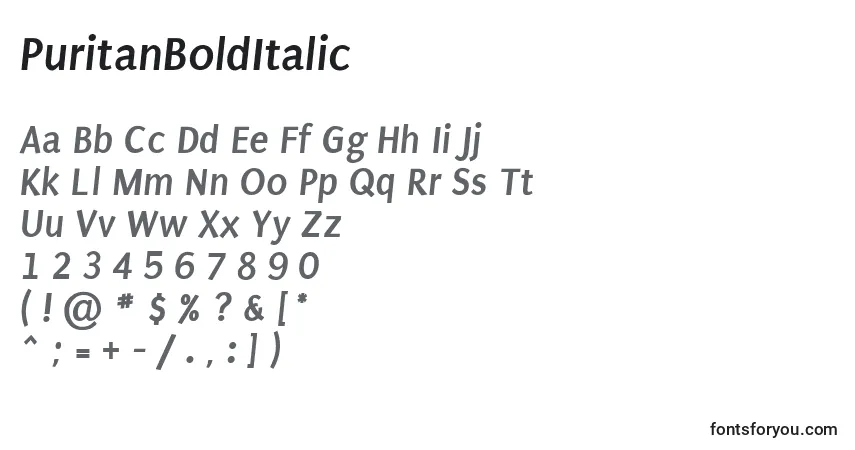 A fonte PuritanBoldItalic (32459) – alfabeto, números, caracteres especiais