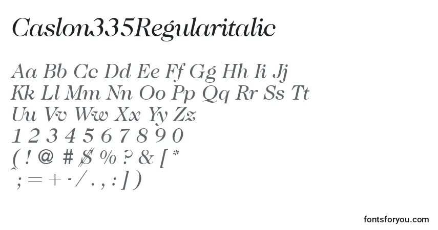 Czcionka Caslon335Regularitalic – alfabet, cyfry, specjalne znaki