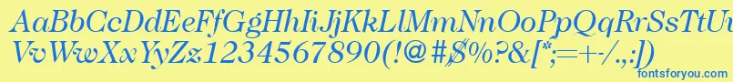 フォントCaslon335Regularitalic – 青い文字が黄色の背景にあります。