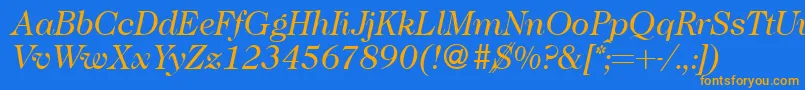 フォントCaslon335Regularitalic – オレンジ色の文字が青い背景にあります。