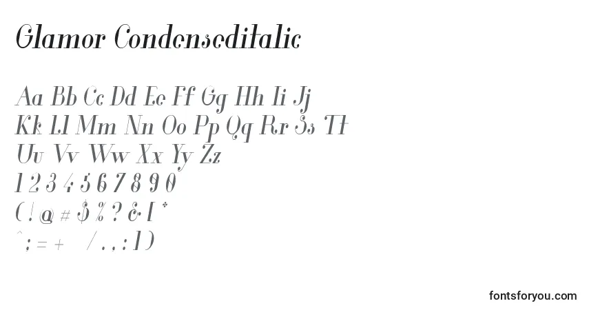 A fonte Glamor Condenseditalic – alfabeto, números, caracteres especiais