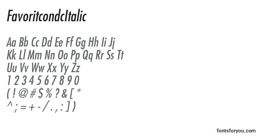 Czcionka FavoritcondcItalic – alfabet, cyfry, specjalne znaki