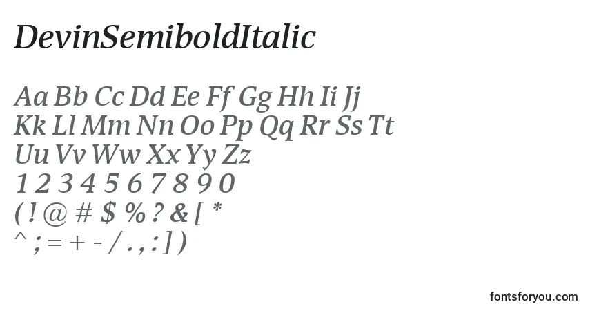 A fonte DevinSemiboldItalic – alfabeto, números, caracteres especiais