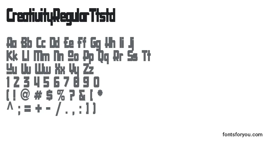 Czcionka CreativityRegularTtstd – alfabet, cyfry, specjalne znaki