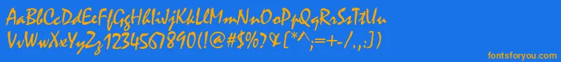 フォントCasmira – オレンジ色の文字が青い背景にあります。