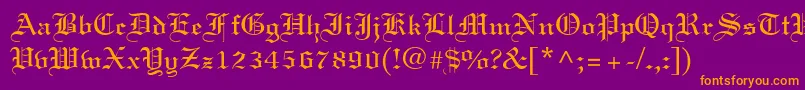Linotext-Schriftart – Orangefarbene Schriften auf violettem Hintergrund