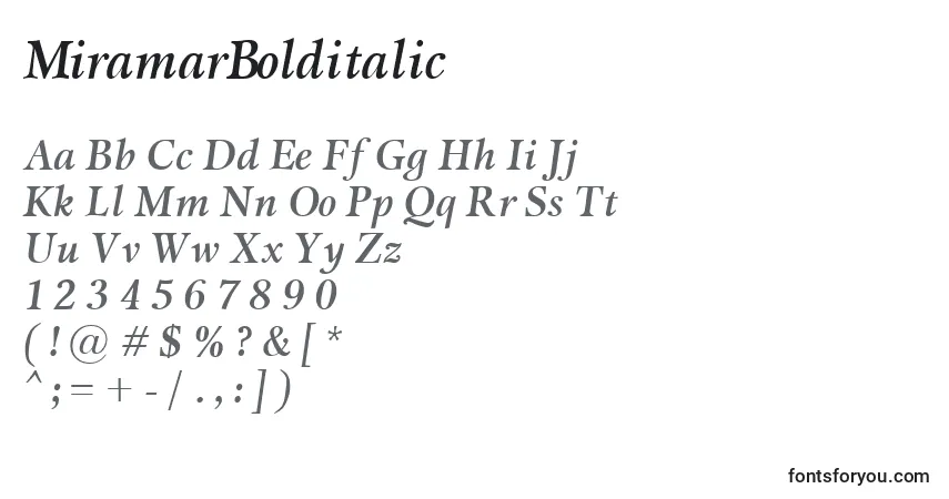 Schriftart MiramarBolditalic – Alphabet, Zahlen, spezielle Symbole