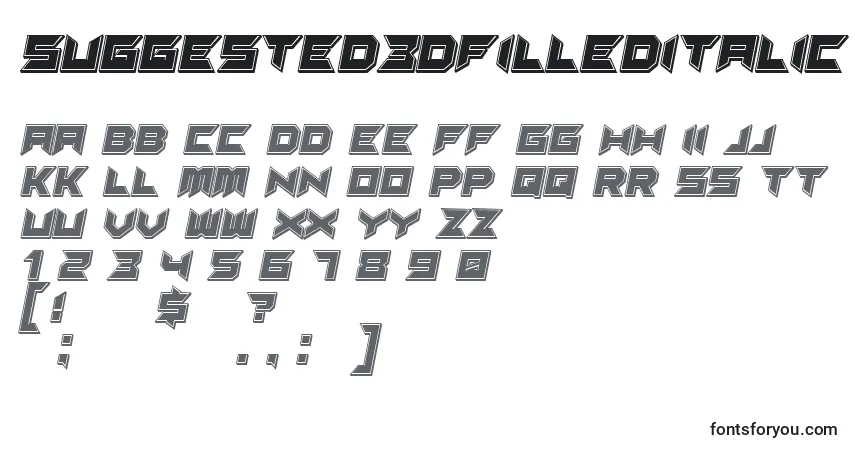 Schriftart Suggested3DfilledItalic – Alphabet, Zahlen, spezielle Symbole