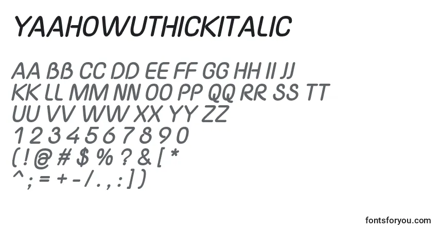 Schriftart YaahowuThickItalic – Alphabet, Zahlen, spezielle Symbole