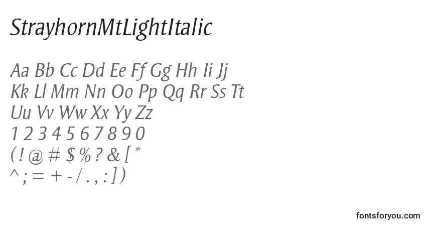 Шрифт StrayhornMtLightItalic – алфавит, цифры, специальные символы