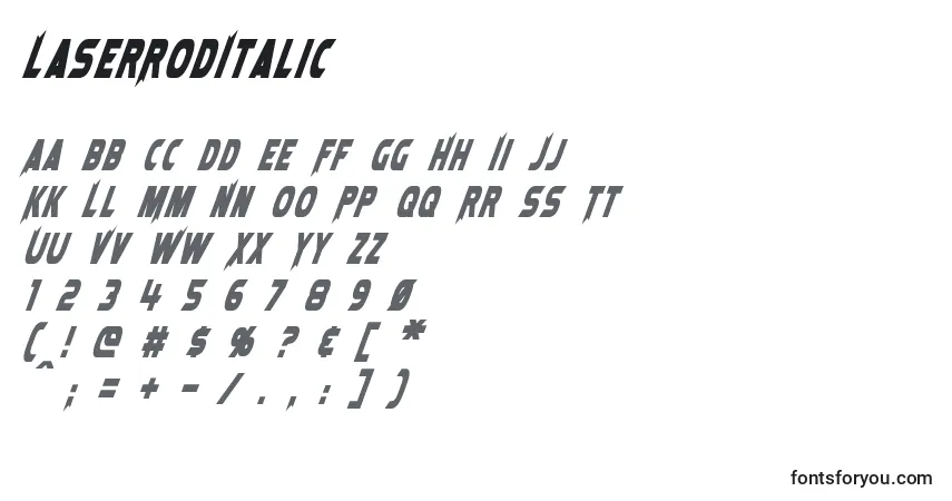 Шрифт LaserRodItalic – алфавит, цифры, специальные символы