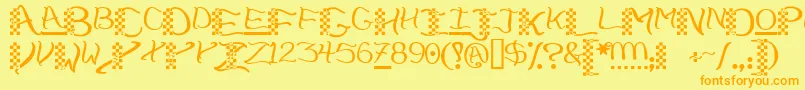 Checkerhat-Schriftart – Orangefarbene Schriften auf gelbem Hintergrund