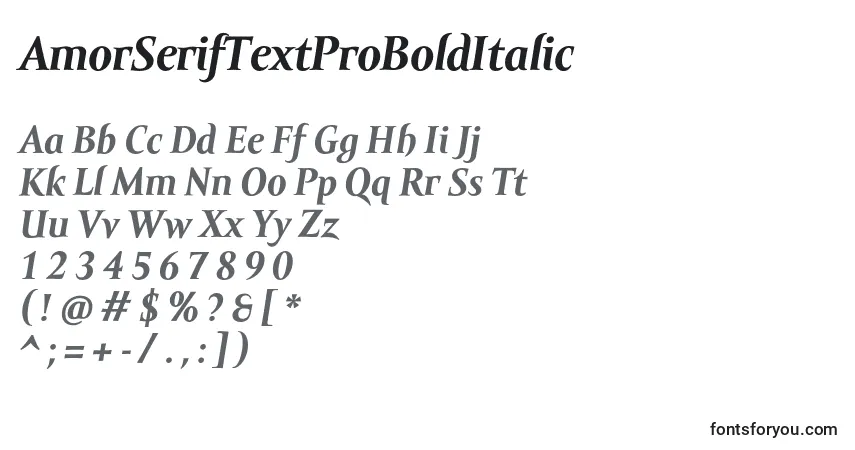 Шрифт AmorSerifTextProBoldItalic – алфавит, цифры, специальные символы