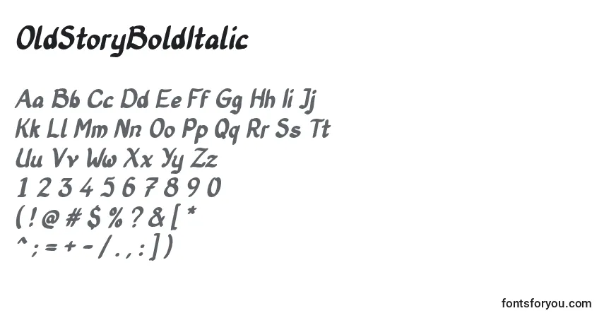 Czcionka OldStoryBoldItalic – alfabet, cyfry, specjalne znaki