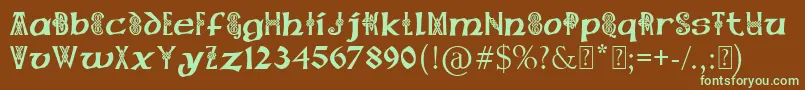 フォントPaulsCelticFont1 – 緑色の文字が茶色の背景にあります。