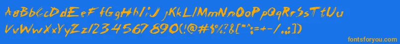 フォントChickenscratchAoe – オレンジ色の文字が青い背景にあります。