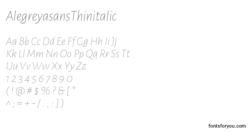 Schriftart AlegreyasansThinitalic – Alphabet, Zahlen, spezielle Symbole