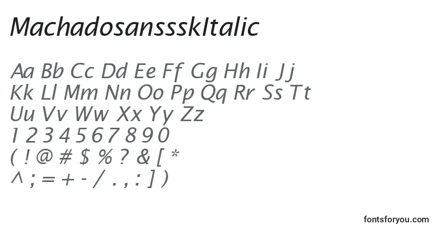Schriftart MachadosanssskItalic – Alphabet, Zahlen, spezielle Symbole