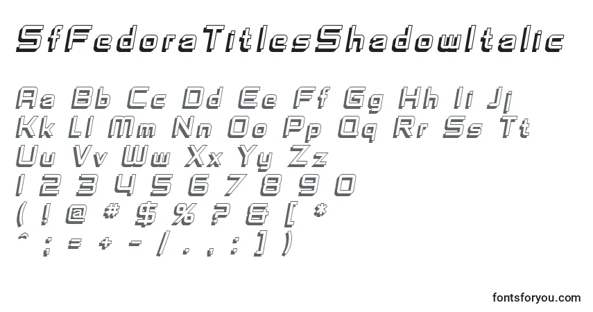 Czcionka SfFedoraTitlesShadowItalic – alfabet, cyfry, specjalne znaki